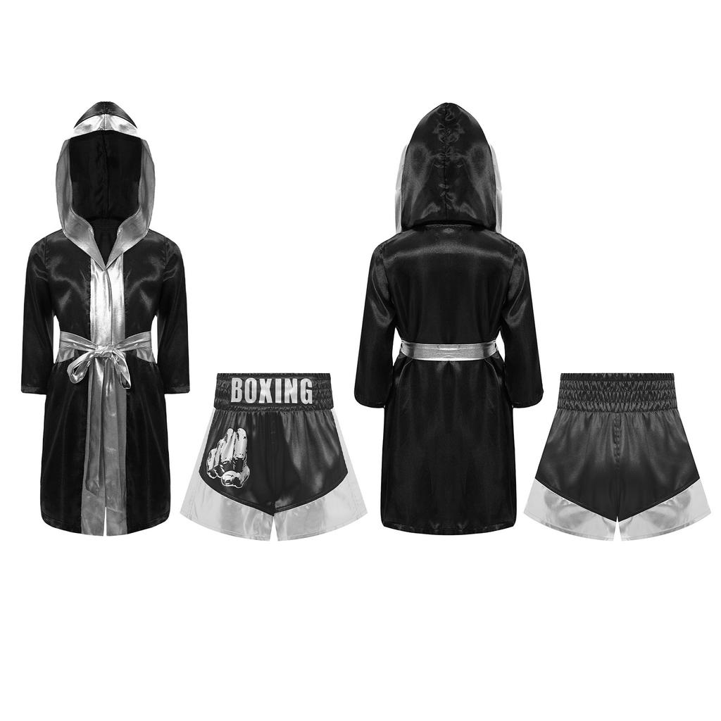 Kids Boys Girls Boxing Outfit Halloween Cosplay Costume Long Sleeve Open Front Metallic Trim Satin Belted Robe Hooded Cloak Sides Slit Shorts