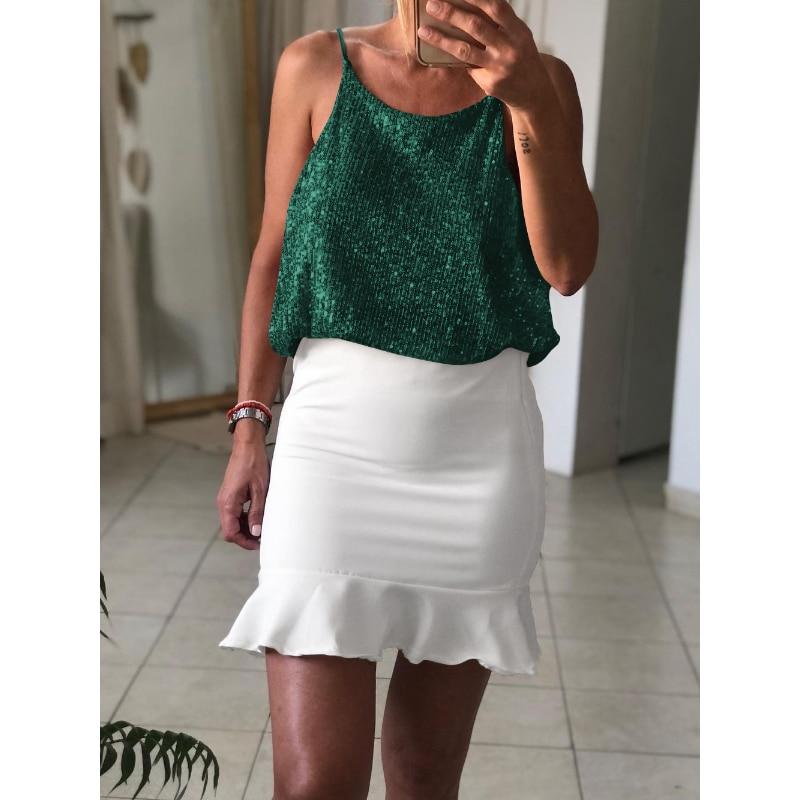 2023 Sommer Ermeløs Party Skjorte Mote Y2k V-hals Sexy Skinnende Topp Kvinner Ensfarget Camis Løs Streetwear Jente 25937