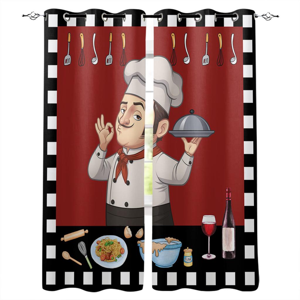 Black And White Plaid Chef Knife Fork Blackout Curtains For Kitchen Bedroom Kids Room Window Treatment Curtains for Living Room