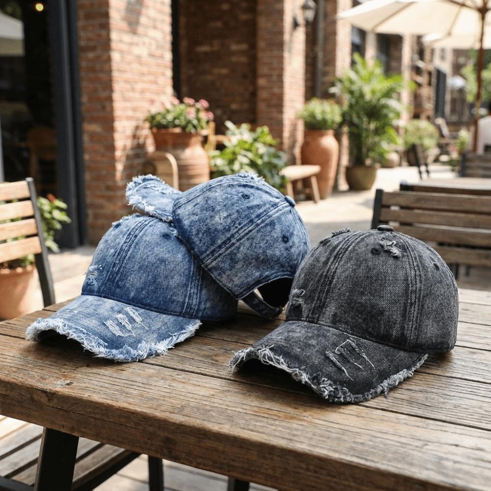 Distressed Ripped Fringe Denim Baseball Cap Vintage Washed Peaked Cap Street Style Dad Hat Travel