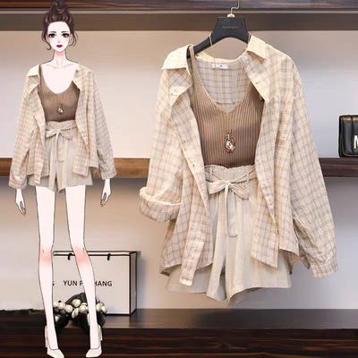 Damen Sommer Büro Casual Anzug Weste + Kariertes Hemd + Shorts Zweiteiliges Set