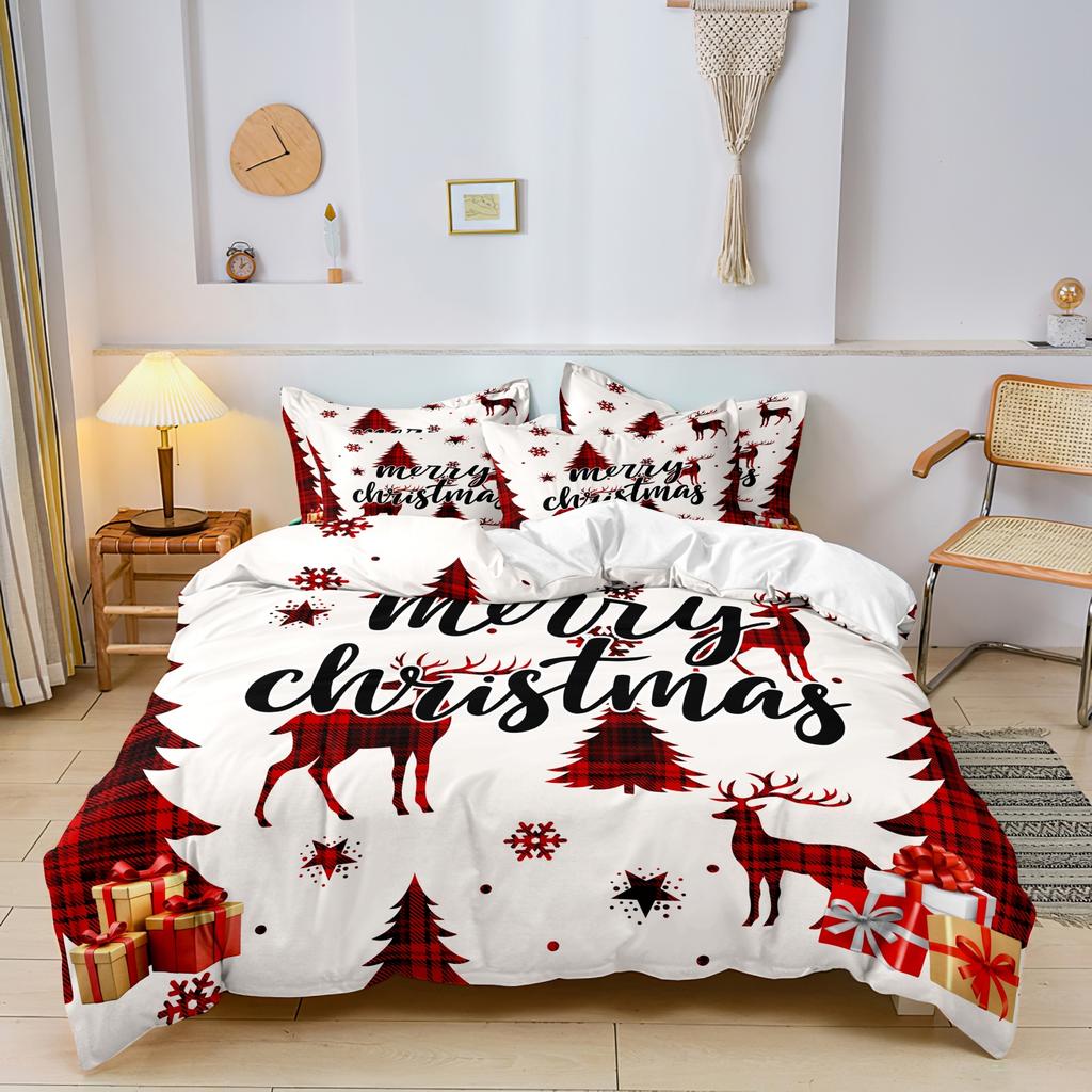 3pcs Christmas Duvet Cover Set - Festive Reindeer &Tree Design Red Grid Checkered Pattern Christmas Bedding | Christmas Gift