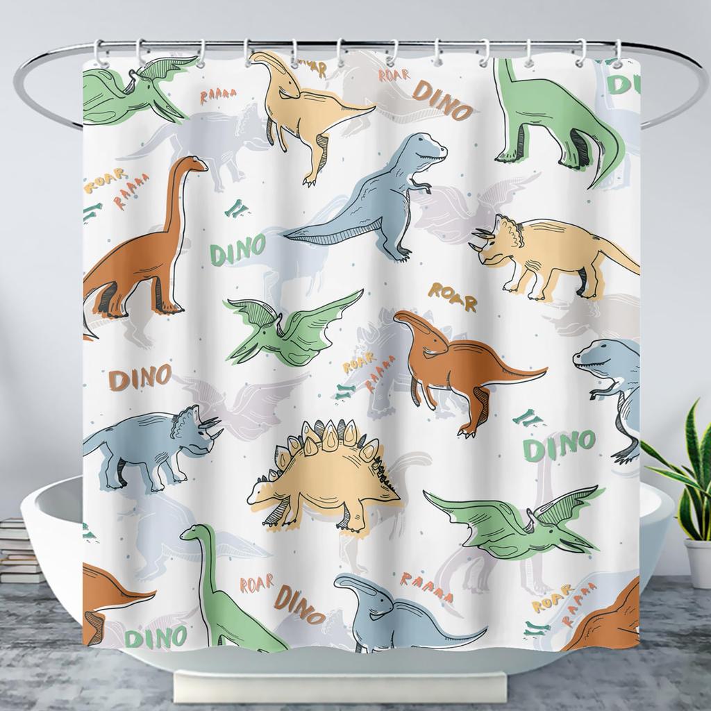 Boys' Dinosaur Monster Truck Shower Curtain Speed Racing Cars with Dinosaurs Print Waterproof Fabric Bath Curtain with Hooks