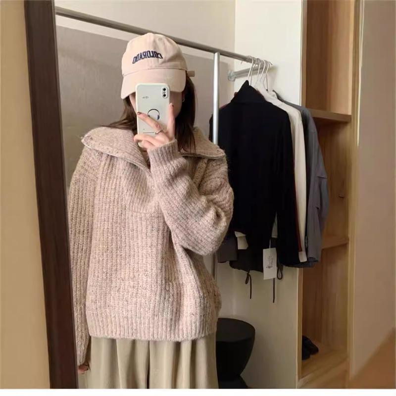 Retro Simple Half Zipper Lapel Knitted Sweater Women's Autumn and Winter New Flower Thread Soft Waxy Gentle Pullover Sweater Tide