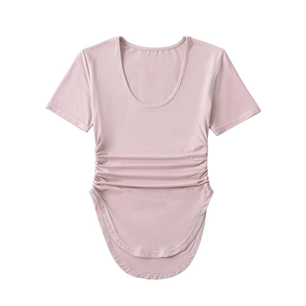 2025 Summer New Versatile Big U Neck Show Chest, Wrinkle And Waist Short Sleeve T-Shirt Skin Friendly Solid Color Curved Bottom Top