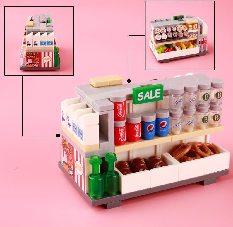 City Food Building Blocks Character Accessories Printing Set Fish Mushroom Fruit Burger Refrigerator Hot Dog Pizza Basin Toy