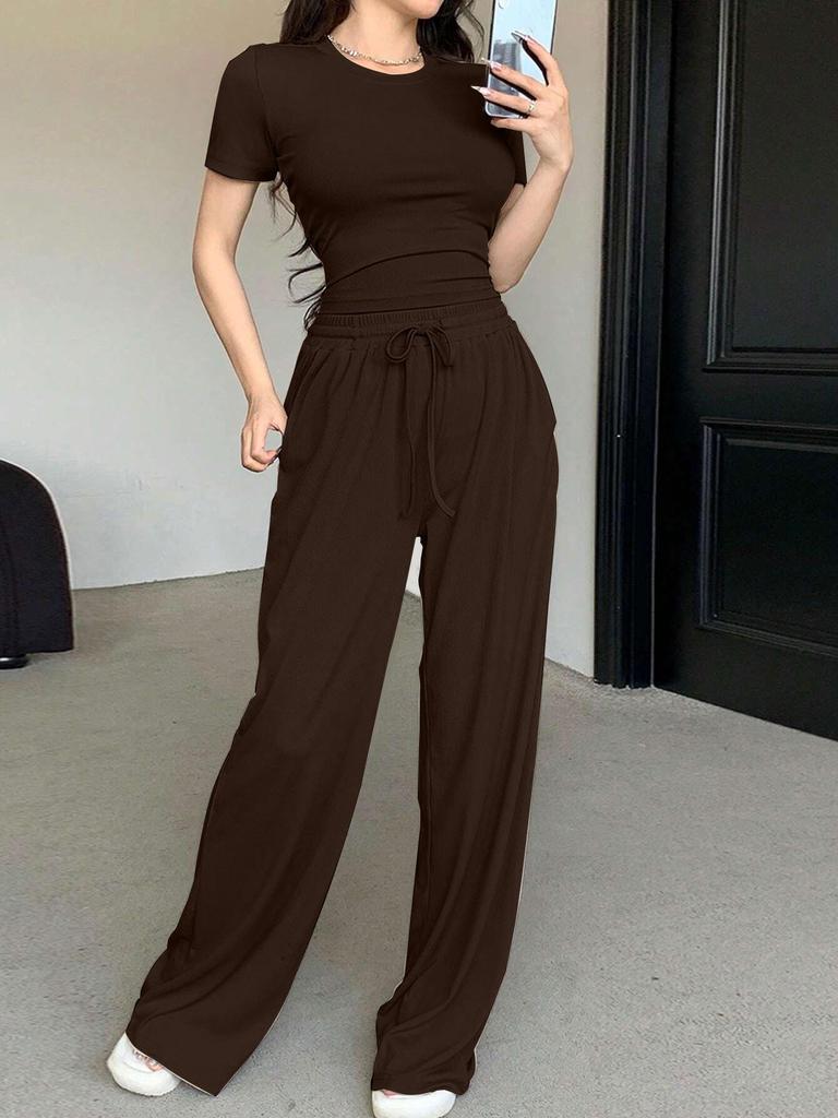 Women's Casual Solid Color Slim Fit Pants & Short Sleeve Top Set - Summer Fashion Arrival