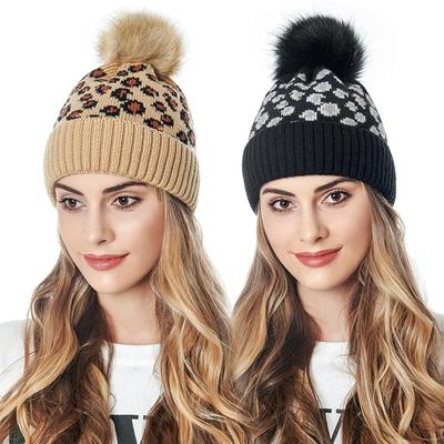 Damen Herbst Winter Leopard Gestrickt Warm Große Wollkugel Pullover Schicke Mütze EMA