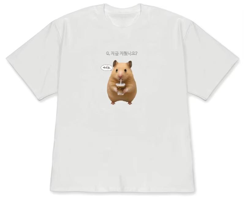 Korean Lucky Hamster Kitten Short Sleeve Printed Tshirt for Unisex and Unisex Cutester Cat Emoji Pattern Casual Tshirt Kawaii Ham