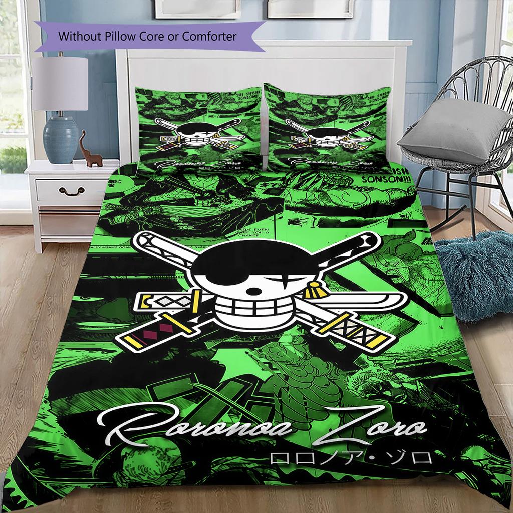 One Piece Straw Hat Pirates Pattern Bedding Quilt Set Quilt Cover Pillowcase Home Birthday Gift(1 * Duvet Cover + 2 * Pillowcase, Without Core)