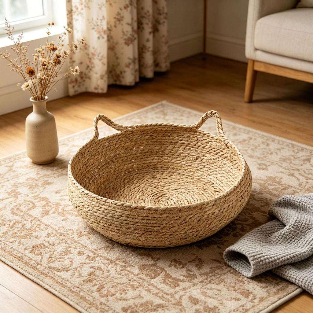 Woven Pet Cat Nest Bed Natural Breathable Portable Washable Nests Cat Ears Shape Pet Bed With Washable Cushion for Sleeping