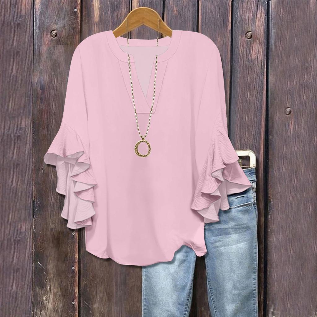 3/4 Sleeve Shirts For Women Cute Print Graphic Tees Blouses Casual Plus Size Basic Ruffled Sleeve Tops Pullover
