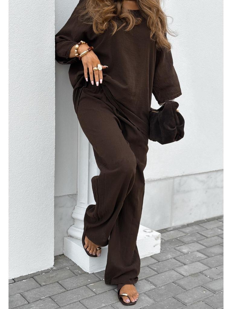 2025 Women's Solid Color Linen-Cotton Top & Lace-up Loose Pants Set - European & American Casual Style