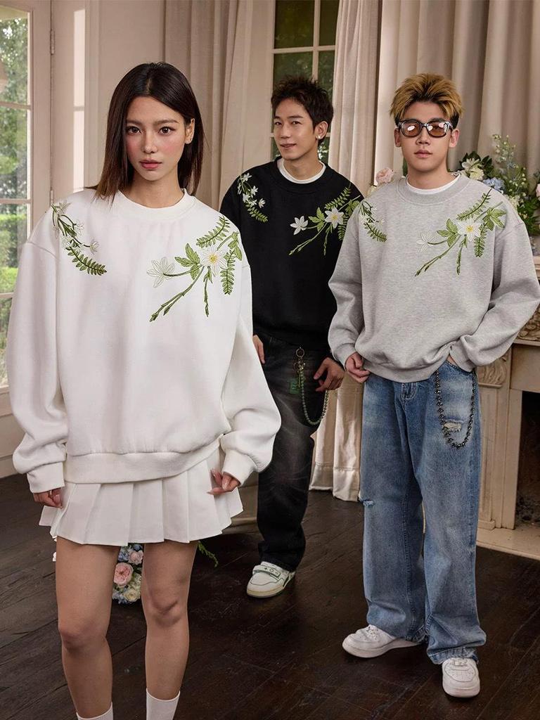 Guochao Men's Winter Velvet Embroidered Hoodie - New Chinese Style Harajuku Round Neck Top