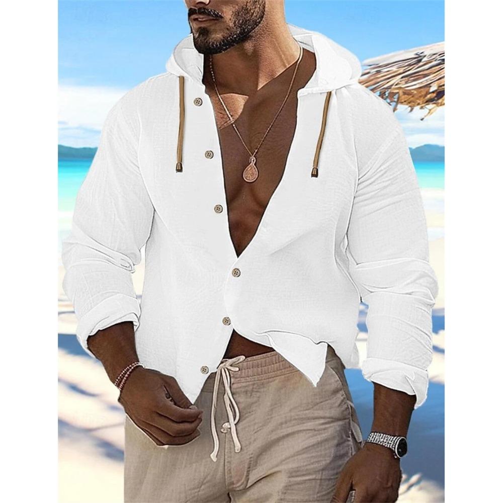 New Style Spring and Summer Men's Hooded Inch Shirt Solid Color Cotton Linen Men's Casual Long-sleeved Top