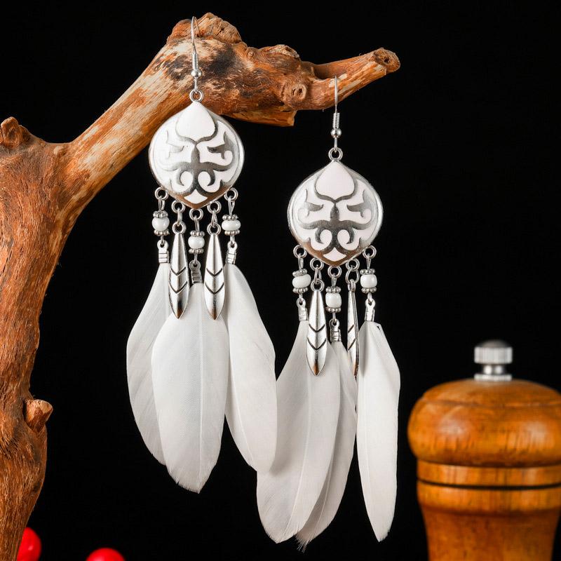 White Enamel Peacock Water Drop Feather Earrings for Women Ethnic Elegant Long Crystal Rhinestone Earring Boho Vintage Jewelry