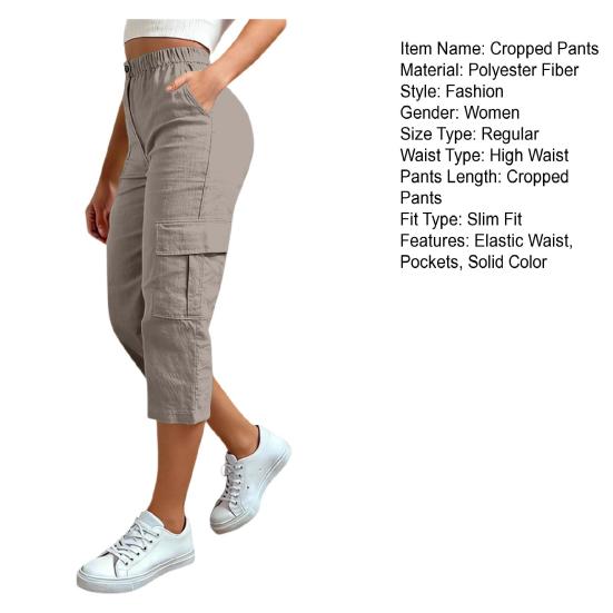 Women Cropped Pants Elastic High Waist Straight Leg Cargo Pants with Pockets Summer Casual Pants Versatile Wear