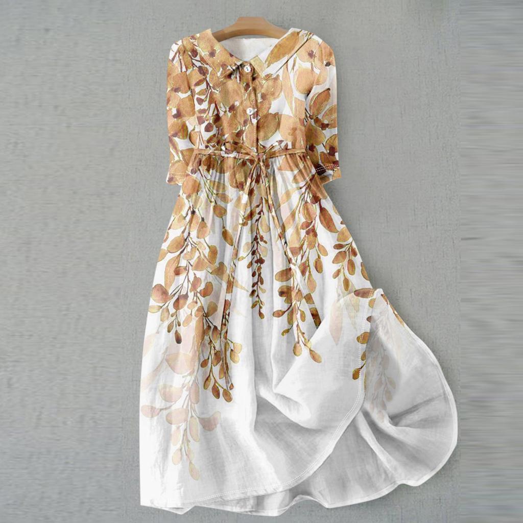 Women's Fashion Casual Printed Lapel Collar Button 3/4 Sleeve Clothing Straps Dress