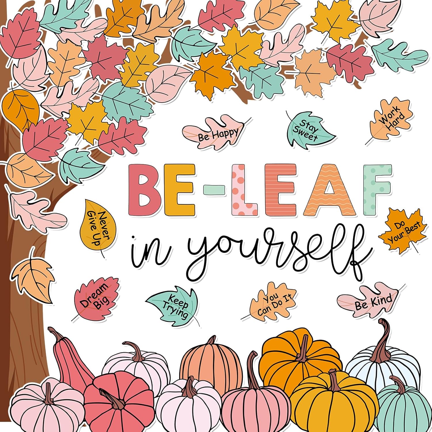 JarThenaAMCS 73Pcs Fall Tree Bulletin Board Decoration Motivational Boho Maple Leaf Pumpkin Cutouts for Autumn Thanksgiving Classroom Wall Chalkboard Pastel Autumn Tree