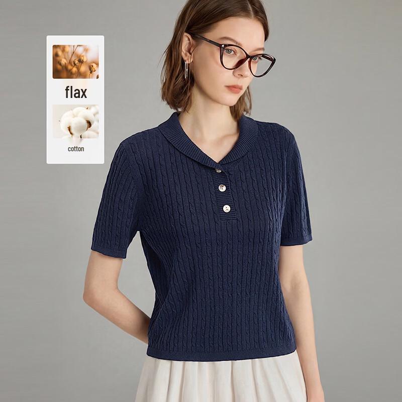 Wudao Women s Linen Blend Ribbed Polo T-Shirt One Size