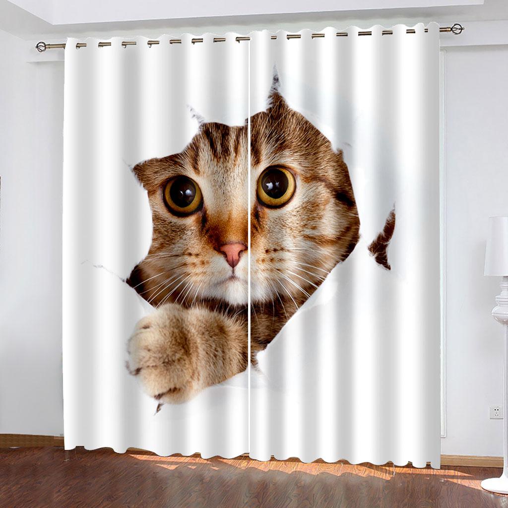 3D Cheap Cartoon Cat Cute Funny Design Shade Thin 2 Piece Window Curtain for Children's Kid Bedroom Living Room Decor on Sale