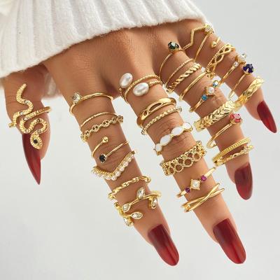 Ensemble de bagues en diamants et perles de luxe, 26 pièces, Combo de pierres précieuses vertes, bagues à extrémité ouverte pour filles, accessoires de dîner