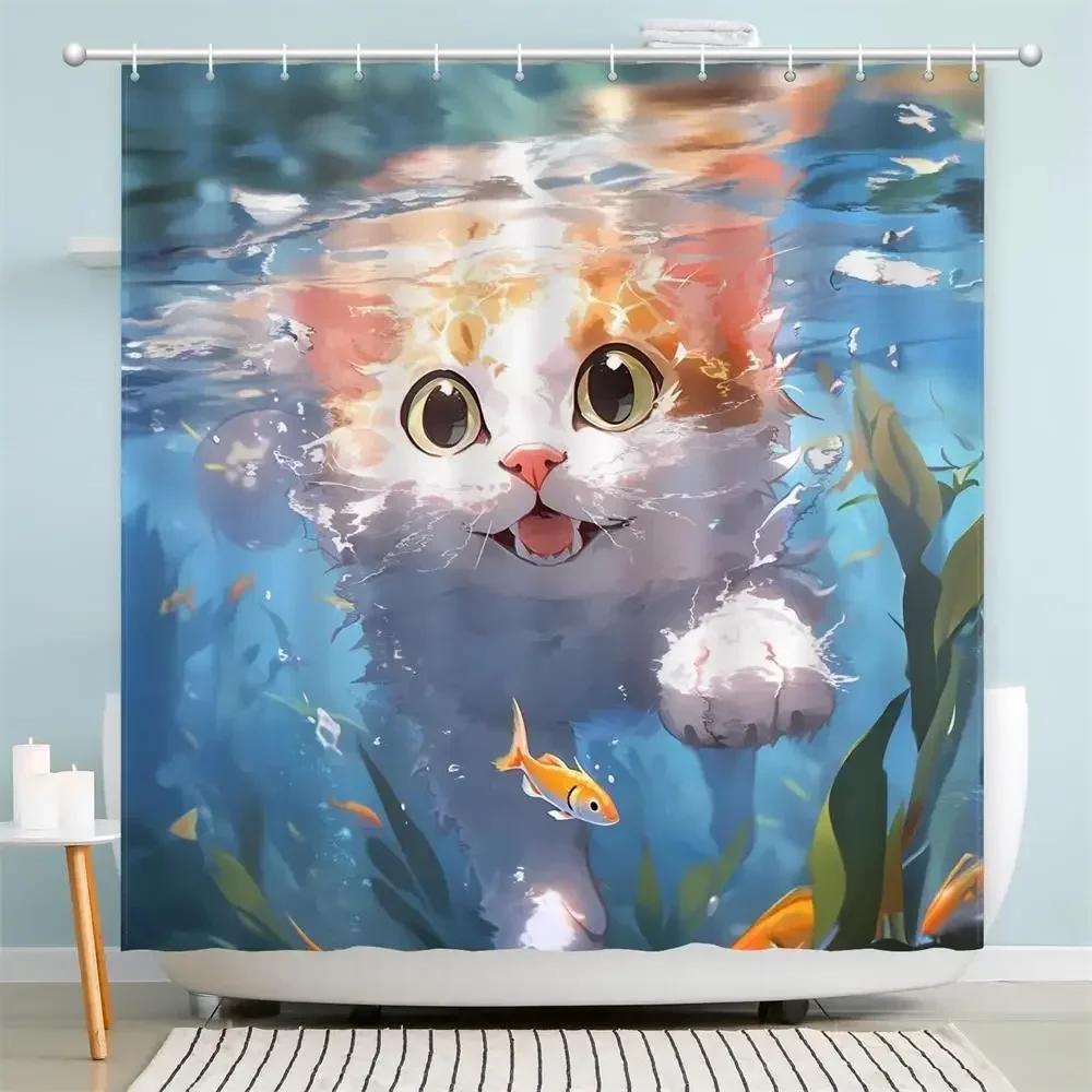 

Funny Diving Cat Shower Curtain Cute Underwater Animals Fish Aquatic Plants Kids Bath Curtains Fabric Bathroom Decor With Hooks W60H190(CM)-1 Pcs