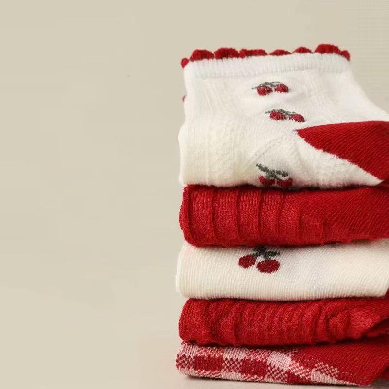 5 Pairs Cute Cherry Bear Winter Socks for Girl Red New Year Socks Flower Ruffle Plaid Kids Warm Middle Tube Socks Cotton Sokken