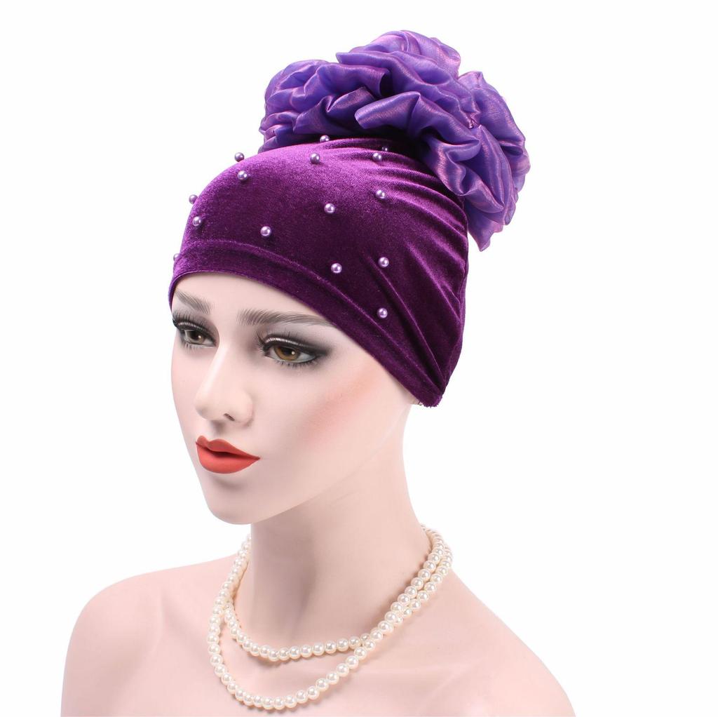 New Velvet Pearl-Studded Korean Beanie with Flower Headscarf