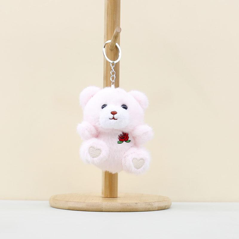 

Cute Rose Fluffy Bear Keychain Adorable Plush Doll For Valentines Gifts Day Pink Rose Bear