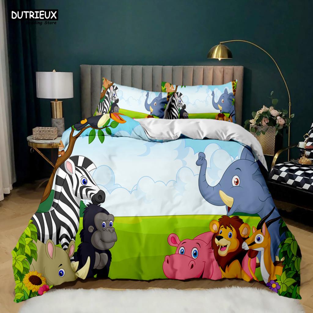 Elephant Comforter Cover Cute Cartoon Animal Paradise Bedding Set Boys Girls Kids 3D Animal World Queen Polyester Duvet Cover
