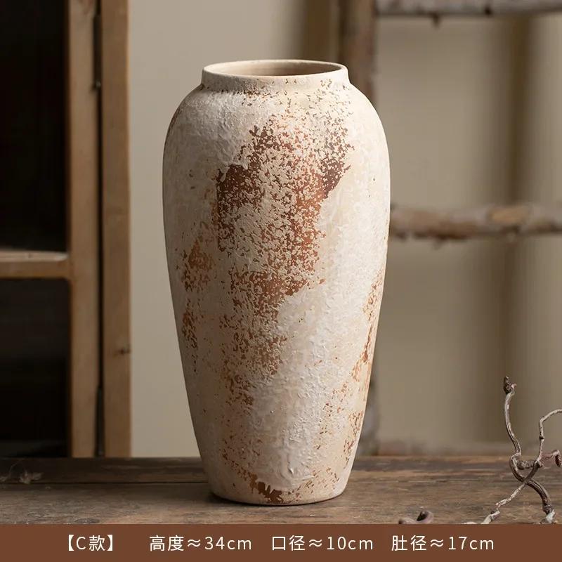 Chinese Decorative Ornaments and Ornaments Mottled Old Coarse Pottery Jar Entrance TV Cabinet Flower Arrangement Ceramic Vase