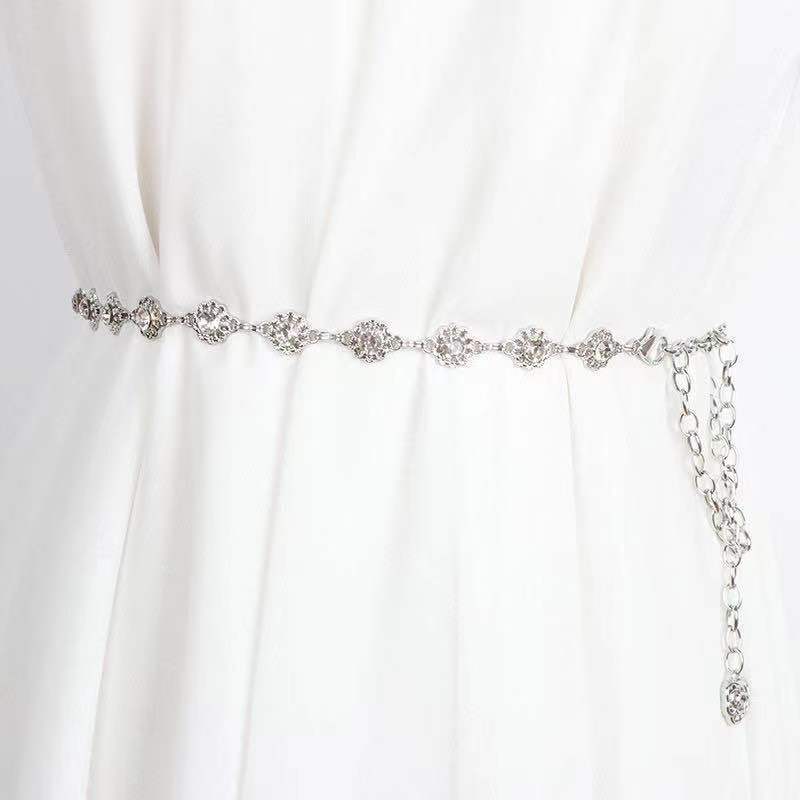 Xiaoxiang Fengshui Rhinestone Waist Chain Accessories Women's Decoration Silver Metal Chain Trendy Belt Diamond Dress Sweater Chain