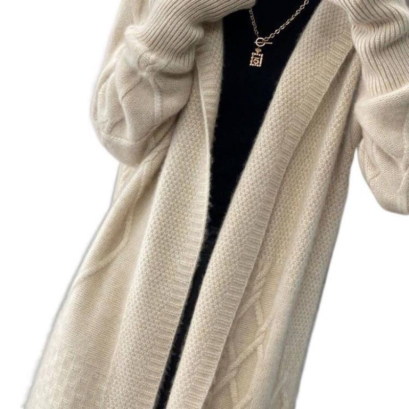 Women's Thick Cable Knit Hooded Coat - Mid-Length, Over-the-Knee, Autumn/Winter Outerwear