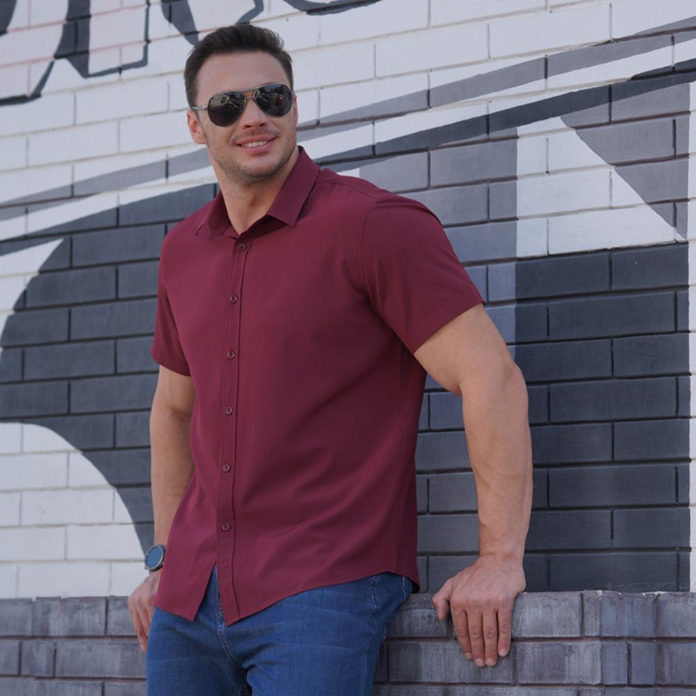 

Летняя мужская тонкая рубашка с коротким рукавом, повседневная, свободная и слегка эластичная однотонная деловая мужская рубашка с коротким рукавом S красный