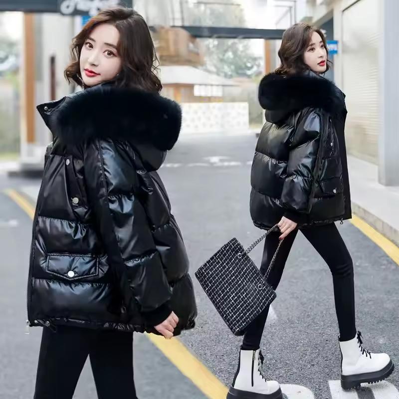 Winter Warm Duck Down Jacket Women's Clothes Glossy Fur Collar Thicken Parka Short Down Coat