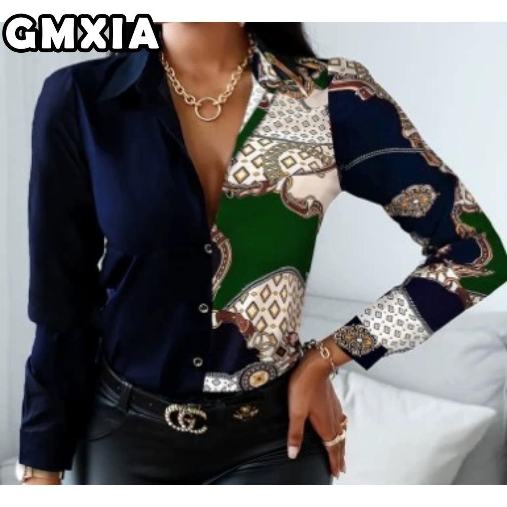 GMXIA Damenmode Lässig Freizeit Einfarbig Druck Langarm POLO Kragen Blusen & Hemden