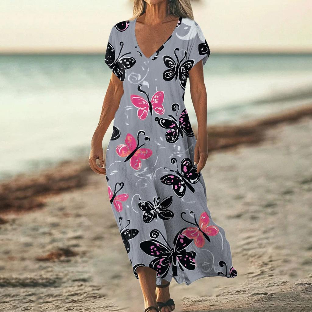 Fashion Women's Summer V-neck Short Sleeve Cotton And Linen Vintage Floral Print Beach Dress