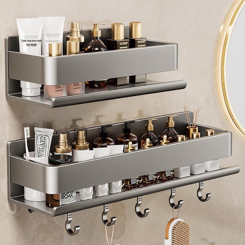 Luxuriöses wandmontiertes, lochfreies Badezimmerregal mit Haken & Stange