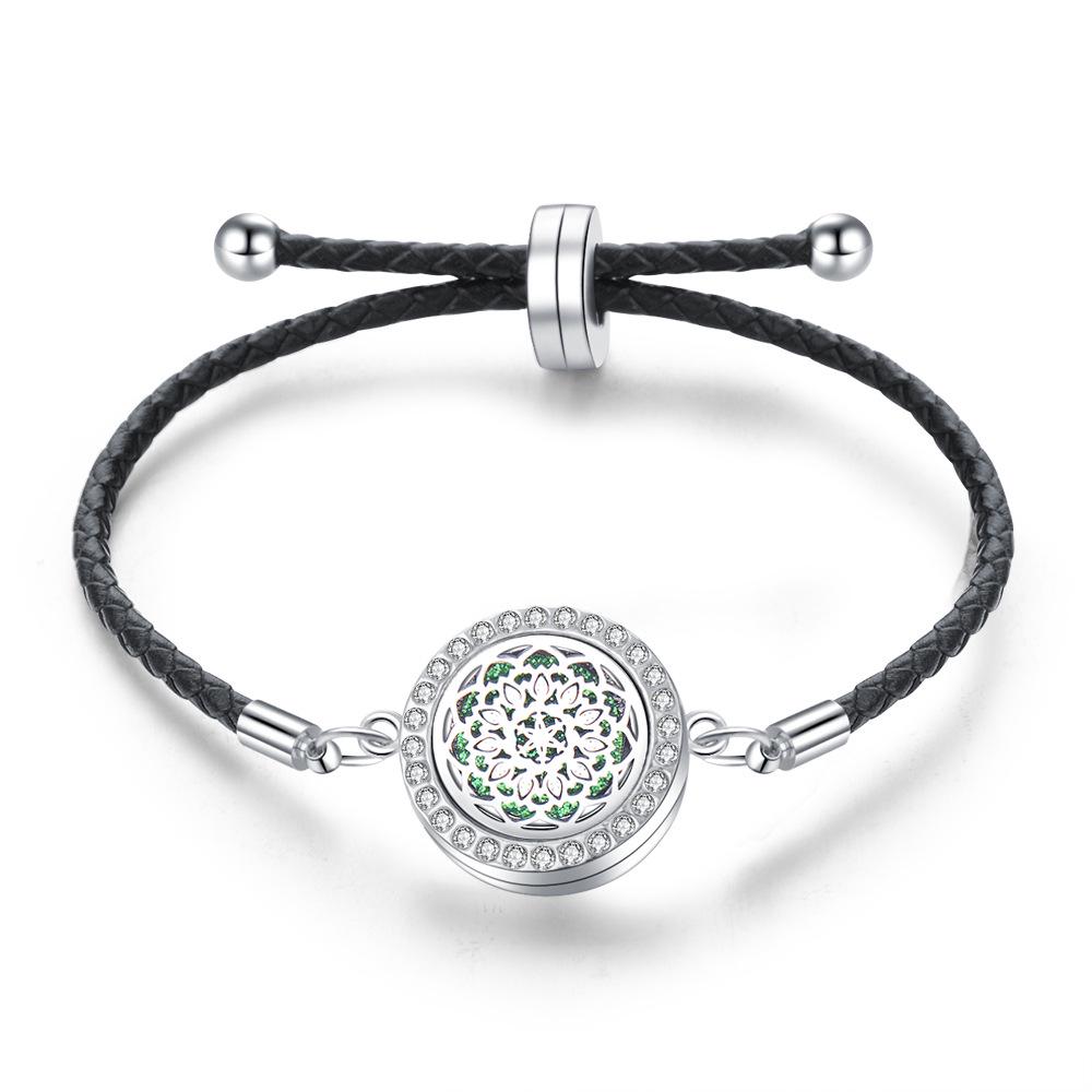 Stainless Steel Tree of Life Aromatherapy Bracelet with Diamonds and Leather Band