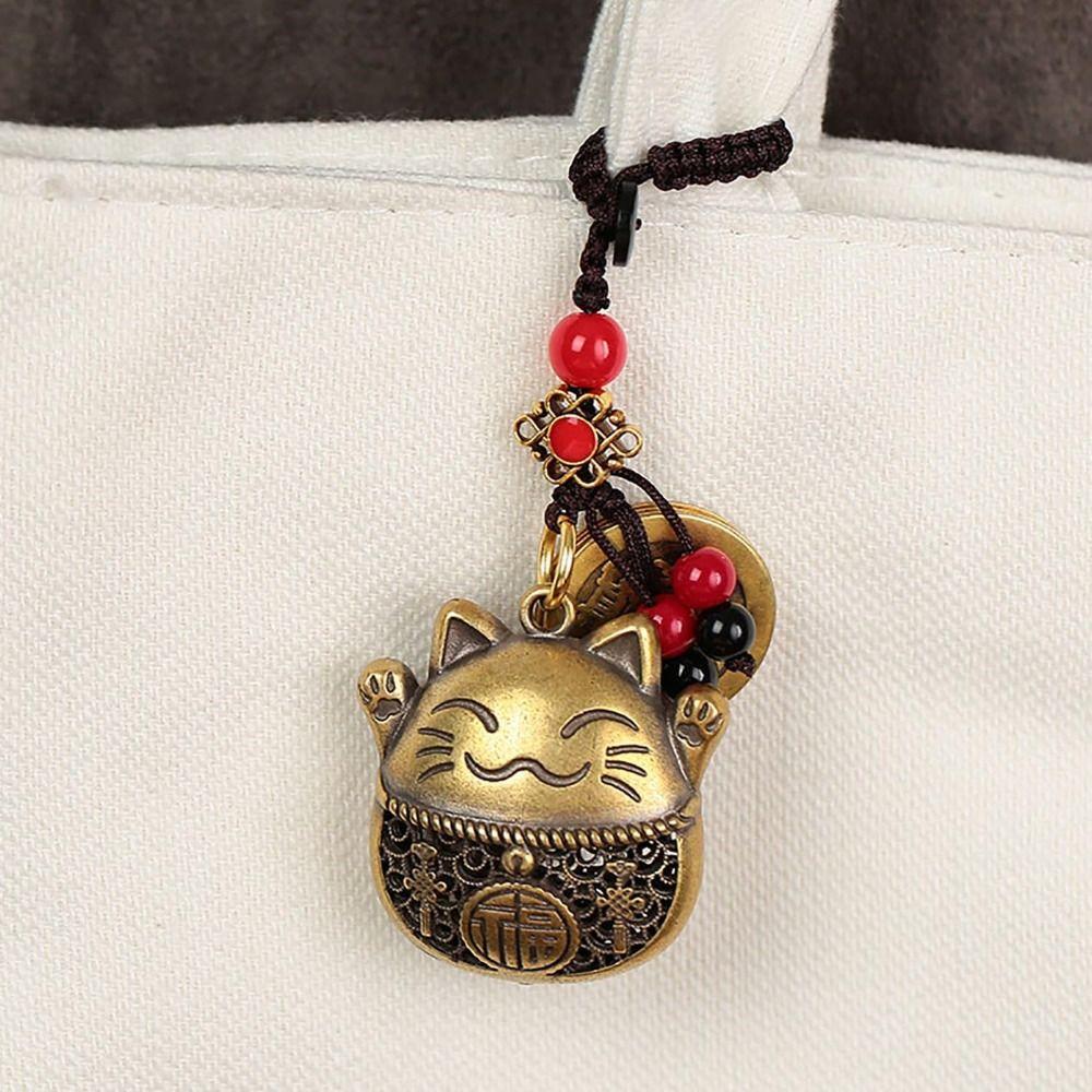 Lucky Cat Brass Keychain Maneki Neko Feng Shui Coins Car Keyring Lucky Tassel with Five Emperors Money Waist Keychain Gift