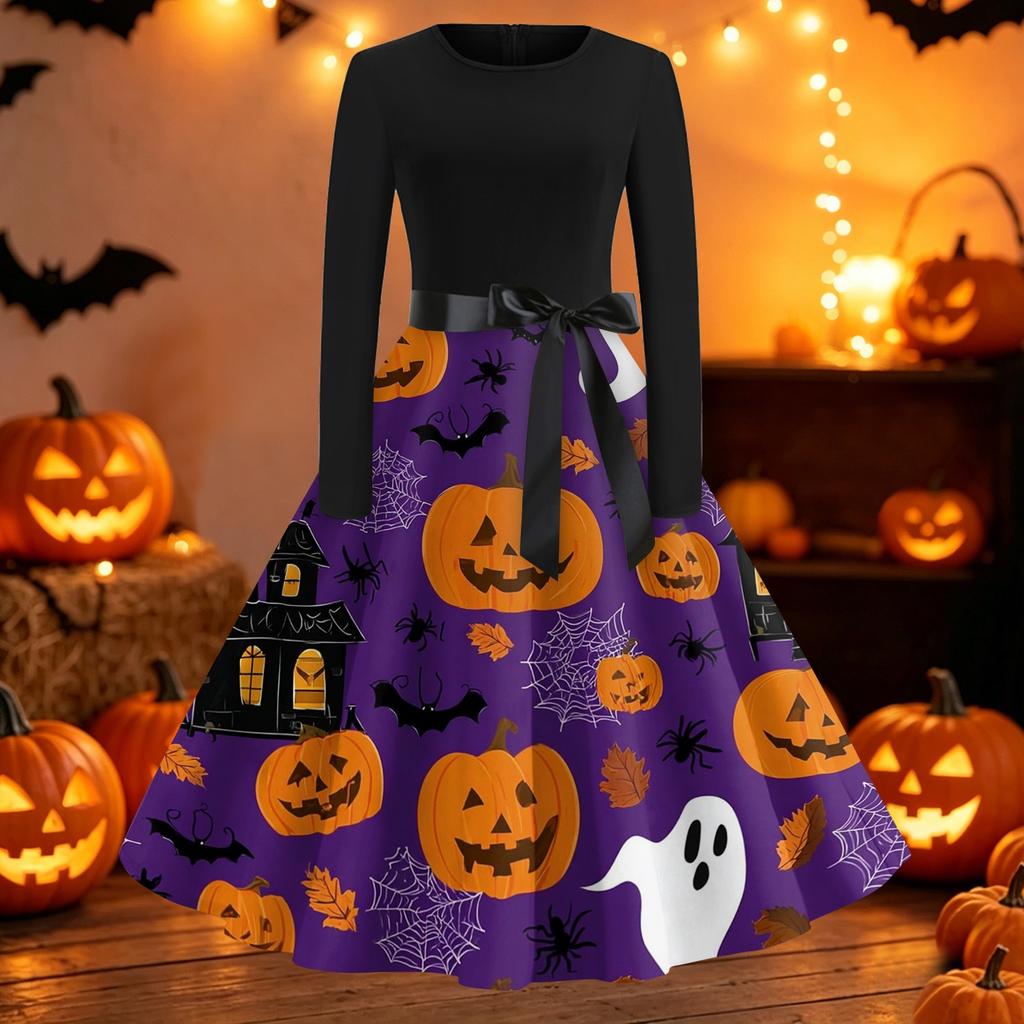 Womens Casual Long Sleeve Dress Halloween Print Round Neck Fit and Flare Midi Dress with Waist Tie and Full Skirt