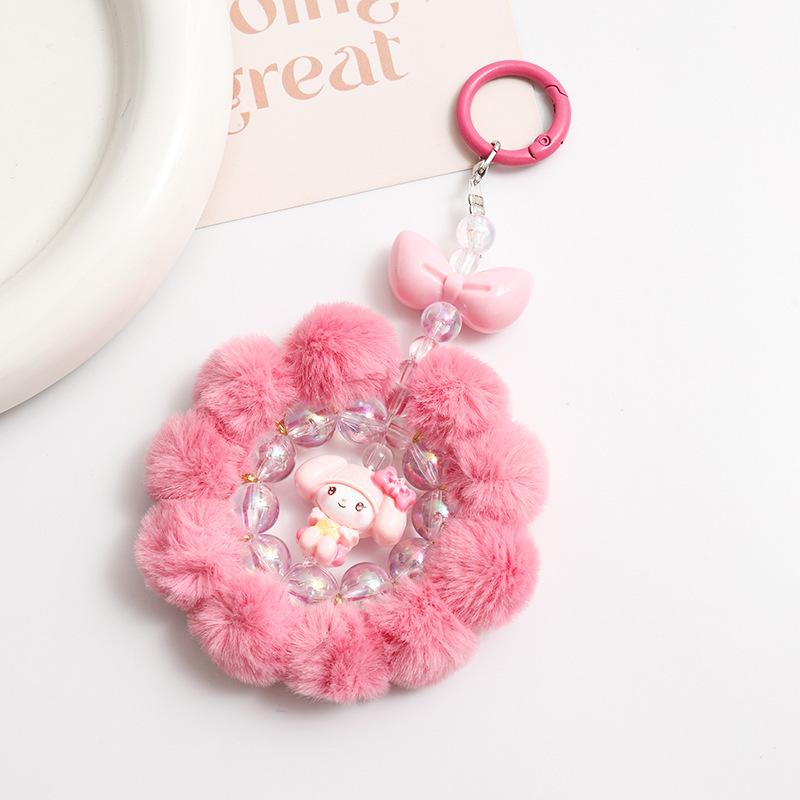 Cartoon Girl Heart Fun Handmade Hairball Beaded Mobile Phone Chain Grab Machine Doll Keychain Bag Pendant