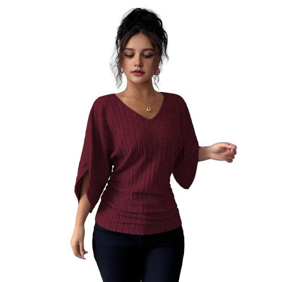 

Women Tops V Neck Vertical Striped Texture Knitted Slim Fit Casual S вино красного