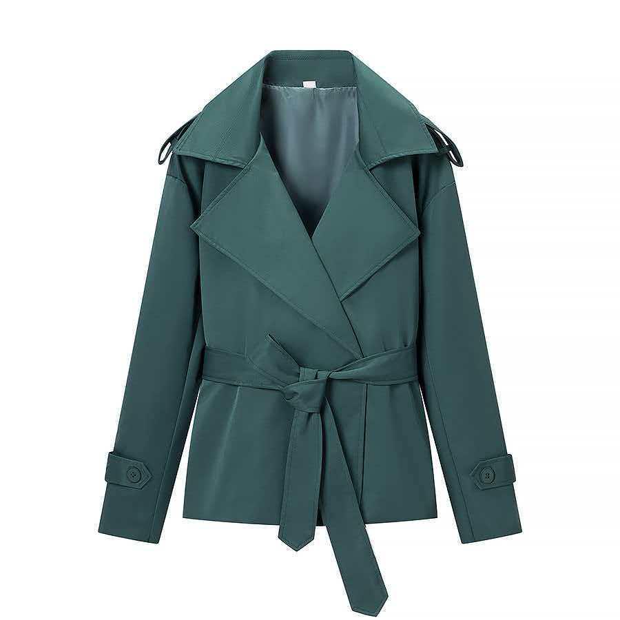 European and American Style Women's Solid Color Belted Short Jacket Windbreaker.