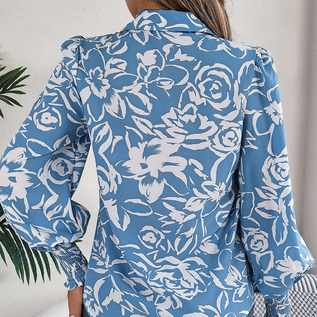 Women's Fashion Contrast Color Flower Long Sleeve Lapel Shirt Long Sleeve Top