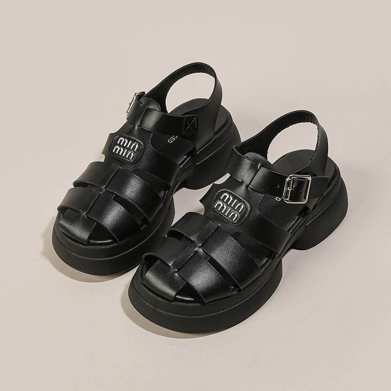 Baotou Roman sandals women's shoes 2025 new thick-soled heightening woven small pig cage shoes hollowed out beach