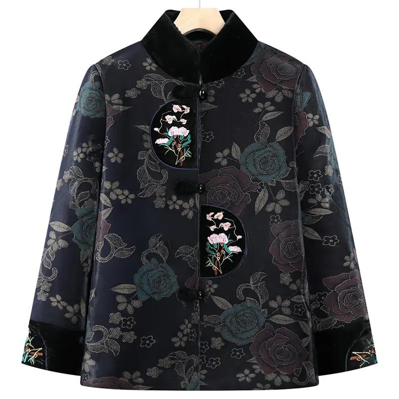 Vintage Chinese Style Winter Cotton-Padded Jacket with Fleece Lining for Middle-Aged and Elderly Women