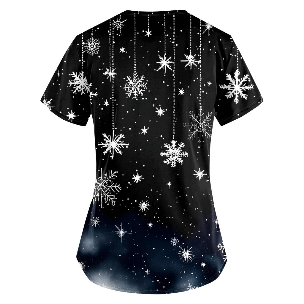 Women's Christmas Print Loose V-Neck Pocket Short-Sleeved Uniform