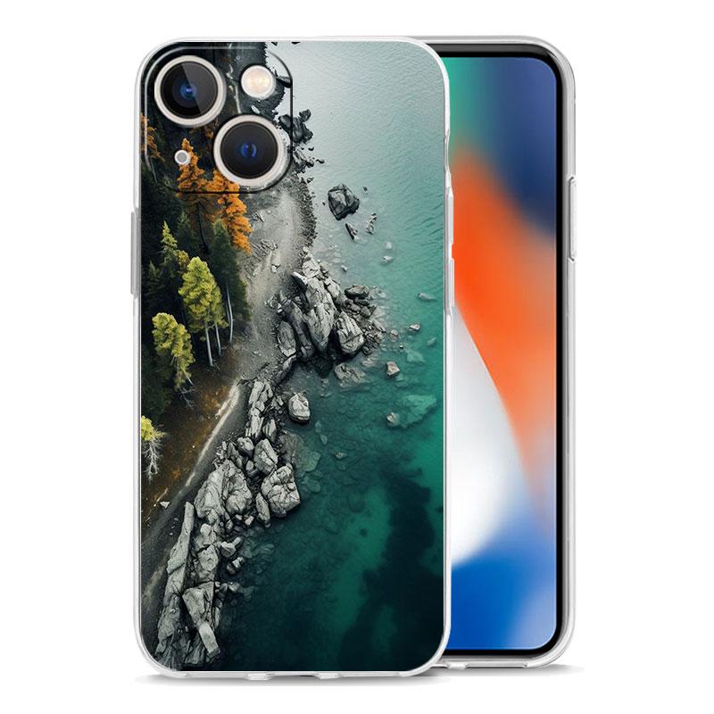 Phone Case For iPhone 15 14 13 12 Mini 11 Pro Max XS X XR 7 8 Plus Clear Shockproof Silicone TPU Cover Forest Geometry Wood